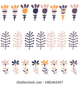 Seamless pattern in modern scandinavian style on white background. Simple isolated leaves, flowers and sticks. Pretty hand drawn details in purple, pink and orange. Cute  textile design