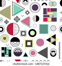 Seamless pattern with modern shapes and textures - wave, dots, stripes. Minimalistic geometric forms, trend colors - сrimson, aquamarine, pink.
White background.