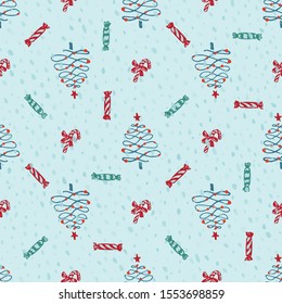 Seamless pattern Modern sketch with trendy stylized christmas tree and candy for winter holiday decoration design. Vintage style, flat color Abstract concept graphic background Vector illustration