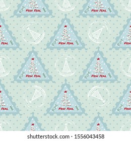 Seamless pattern Modern sketch with trendy stylized christmas tree and postage stamp for winter holiday decoration design. Vintage style, flat color Abstract graphic background Vector illustration