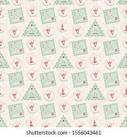 Seamless pattern Modern sketch with trendy stylized christmas tree and postage stamp for winter holiday decoration design. Vintage style, flat color Abstract graphic background Vector illustration