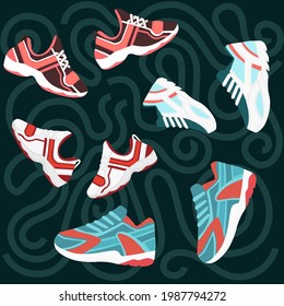 Patrón sin inconvenientes de zapatillas de deporte modernas diseño de colores deportes casual desgaste ilustración vectorial sobre fondo de patrón oscuro