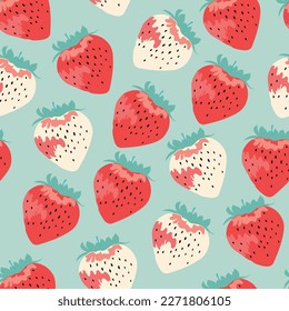 Seamless pattern of modern strawberries. Big white, red round strawberries on blue. Large bright berries. Berry pattern design for textile, web banner, cards. Fresh summer fruits. Red berries and frui