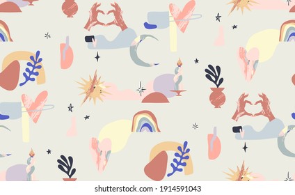Seamless pattern in modern style. Colorful splash and shapes. Love and peace signs