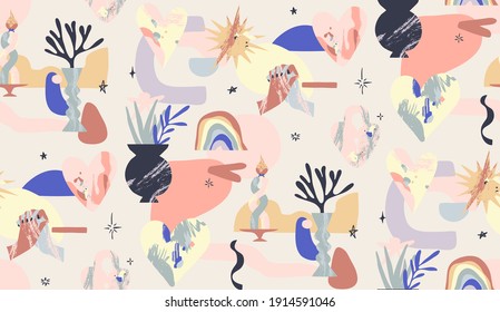 Seamless pattern in modern style. Colorful splash and shapes. Love and peace signs