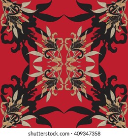 Seamless pattern in modern style with a lily flowers. The pattern of tiger lilies in plain burgundy background. Vector pattern with black flowers.