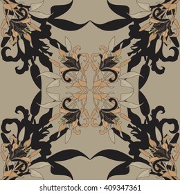 Seamless pattern in modern style with a lily flowers. The pattern of tiger lilies in a simple beige background. Vector pattern with black flowers.