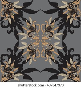 Seamless pattern in modern style with a lily flowers. The pattern of tiger lilies on a plain gray background. Vector pattern with black flowers.