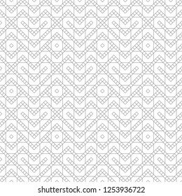 Seamless pattern. Modern stylish geometrical texture. Regularly repeating small linear rhombuses, zigzag shapes, octagons, corners. Thin line. Outline. Vector element of graphical design