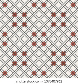 Seamless pattern. Modern stylish geometrical texture with thin lines which form traditional tiles with linear rhombuses, flowers. Abstract regularly repeating background. Vector graphical design