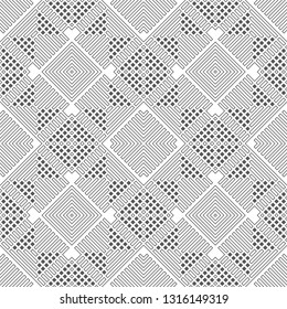 Seamless pattern. Modern stylish texture. Abstract regularly repeating background with constant repetition outline geometrical shapes, rhombuses, strips, triangles. Vector element of graphical design