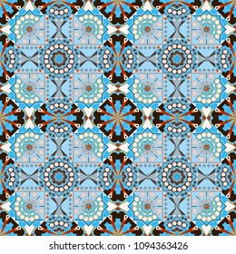 Seamless pattern modern stylish tiling design with squares in gray, brown and blue colors. Vector illustration.