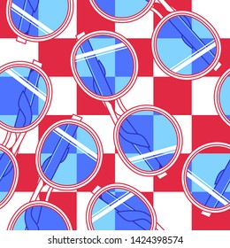 Seamless pattern of modern sunglasses on red checkered background