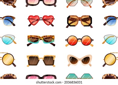 Seamless pattern with modern sunglasses on white background. Repeating backdrop with fashion sun glasses of different shapes. Endless texture with eyewear. Flat vector illustration for printing