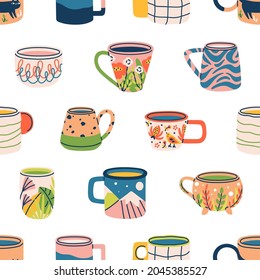 Seamless pattern with modern tea cups and mugs on white background. Endless repeating kitchen texture with cute teacups for printing. Colored flat vector illustration for wrapping and wallpaper