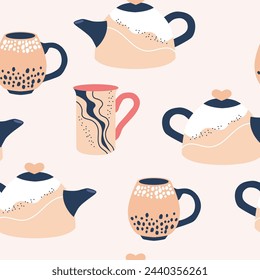 Seamless pattern with modern tea cups and teapot. Cute dishes different shapes and ornaments on beige background.  Vector illustration for printing on fabric, packaging, paper.
