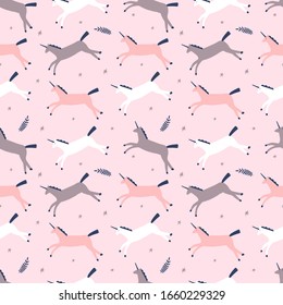 Seamless pattern with modern unicorns and stars, space constellations. Beautiful wall art wrapping paper or cloth texture with repeated contour ornate animals. Patterned horses in Scandinavian style