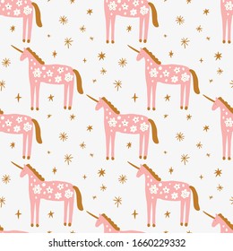 Patrón sin inconvenientes con las modernas unicornios y estrellas, constelaciones espaciales. Hermosa textura de papel o tela de tela en la pared con contorno repetido animales ornamentados. Caballos con patatas al estilo escandinavo