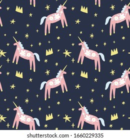 Seamless pattern with modern unicorns and stars, space constellations. Beautiful wall art wrapping paper or cloth texture with repeated contour ornate animals. Patterned horses in Scandinavian style