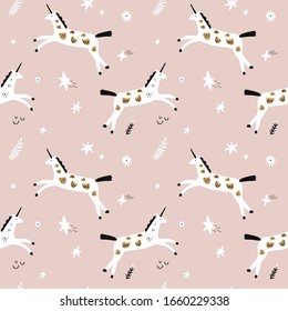 Seamless pattern with modern unicorns and stars, space constellations. Beautiful wall art wrapping paper or cloth texture with repeated contour ornate animals. Patterned horses in Scandinavian style