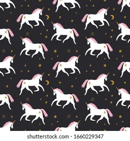 Seamless pattern with modern unicorns and stars, space constellations. Beautiful wall art wrapping paper or cloth texture with repeated contour ornate animals. Patterned horses in Scandinavian style