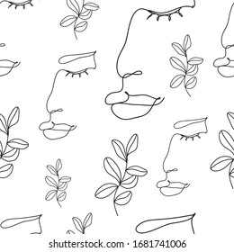 Seamless pattern with modern woman portrait and leaves. Continuous line, vector black and white background