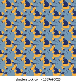 Seamless pattern, modern yellow-blue background with Christmas attributes. Christmas trees, paddub, hats, mittens. Christmas background. Winter festive pattern. Vector illustration of the season.