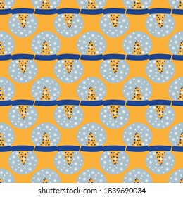 Seamless pattern, modern yellow-blue background with Christmas attributes. Christmas trees, paddub, hats, mittens. Christmas background. Winter festive pattern. Vector illustration of the season.