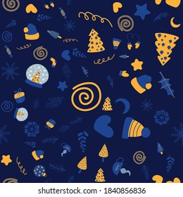 Seamless pattern, modern yellow-blue background with Christmas attributes. Christmas trees, paddub, hats, mittens. Christmas background. Winter festive pattern. Vector illustration of the season.