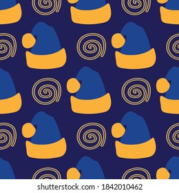 Seamless pattern, modern yellow-blue background with Christmas attributes. Christmas trees, paddub, hats, mittens. Christmas background. Winter festive pattern. Vector illustration of the season.