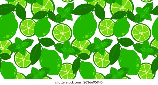 Seamless pattern with mohito ingredients. Summer background with mint and limes.