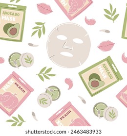 Patrón sin costuras con una máscara hidratante para el cuidado de la piel facial por la mañana. Máscaras de hidrogel, parches para la piel facial. Procedimientos de higiene matutina. Ilustración plana de Vector