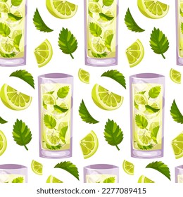 Seamless pattern with Mojito classic cocktail with lime, mint. Italian aperitif cocktails. Alcoholic beverage for drinks bar menu. Beach Holidays, summer vacation, party, cafe bar, recreation. Vector