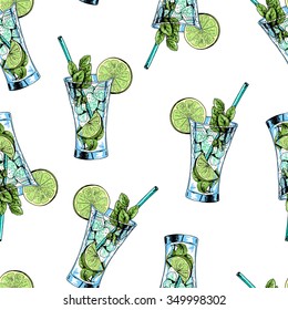 Seamless pattern with Mojito cocktail. Hand drawn vector illustration.