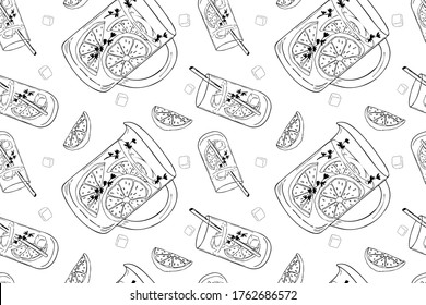 Seamless pattern with Mojito cocktail with ice cubes, leaves and lime. Vector illustration in sketch style for restaurant menus and wine lists, for print background, paper, textile, wallpaper, texture