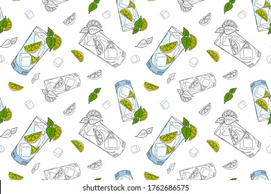 Nahtloses Muster mit Mojito-Cocktail mit Eiswürfeln, Laub-Minzen und Kalk. Vektorgrafik für Restaurantmenüs und Weinlisten, für gedruckten Hintergrund, Papier, Textilien, Tapeten, Textur