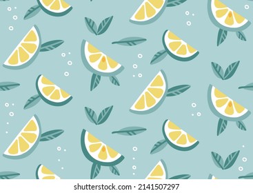 Seamless pattern with mojito cocktail with lime slices, and mint leaves. Summer fruit, tropical citrus background, cold drink. Concept for fresh lemonade, soda. Vector flat cartoon illustration