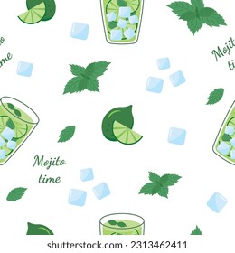 Seamless pattern with mojito cocktail with lime slices, and mint leaves. Summer background, cold drink. Concept for fresh lemonade, soda. Vector flat cartoon illustration