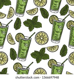 Seamless pattern of mojito cocktail mint and slice of lemon.