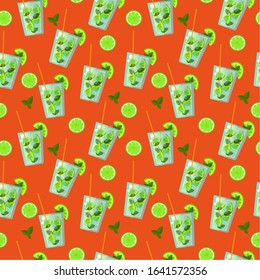  Seamless pattern: mojito cocktail in vector flat style on a bright orange background. 