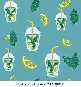 Seamless pattern with Mojito cocktail. Vector illustration in cartoon hand drawing style for restaurant menus and wine lists