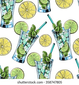 Seamless pattern with Mojito cocktail. Vector illustration in sketch style for restaurant menus and wine lists.