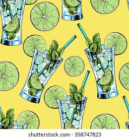 Seamless pattern with Mojito cocktail. Vector illustration in sketch style for restaurant menus and wine lists.