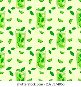 Seamless pattern Mojito in a glass with slices of lime, mint leaves and ice cubes. Summer drink. Colorful vector illustration hand drawn. Wrapping or print, card or paper