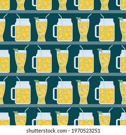 Seamless Pattern with Mojito in Glasses and Mason Jars. Vector Illustration of Mojito or Lemonade with Lemon slices, Mint Leaves, Ice Cubes and Straw. Mason Jars and Glasses arranged on a shelf 
