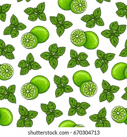 Seamless pattern of mojito ingredients: mint leaves and green lime on a white background. Hand drawing. Vector illustration in cartoon style. Summer green background.