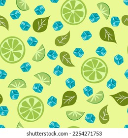 Seamless pattern of Mojito ingredients on green background. Alcohol or non-alcoholic cocktail. Classic cocktail with lime, mint and ice.  Summer party drink.