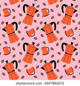 Seamless pattern with Moka Pot, coffee beans and cup of coffee. Repeat textures for cafe menu, wrapping paper store,kitchen textile.