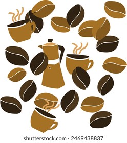 Seamless pattern with moka pot, cup of coffee and coffee beans. Italian moka express.