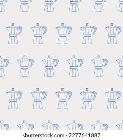 Seamless pattern of moka pot. Line art, retro. Vector illustration for coffee shops, cafes, and restaurants.